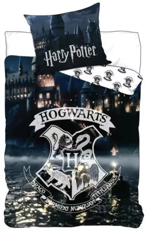 9: Harry Potter sengetøj - 140x200 cm - Hogwarts Logo - Selvlysende sengetøj - 2 i 1 sengesæt - 100% bomuld